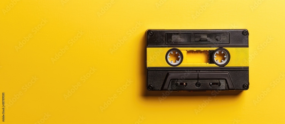 Fototapeta premium A vintage audio cassette on a yellow backdrop with ample copy space image available
