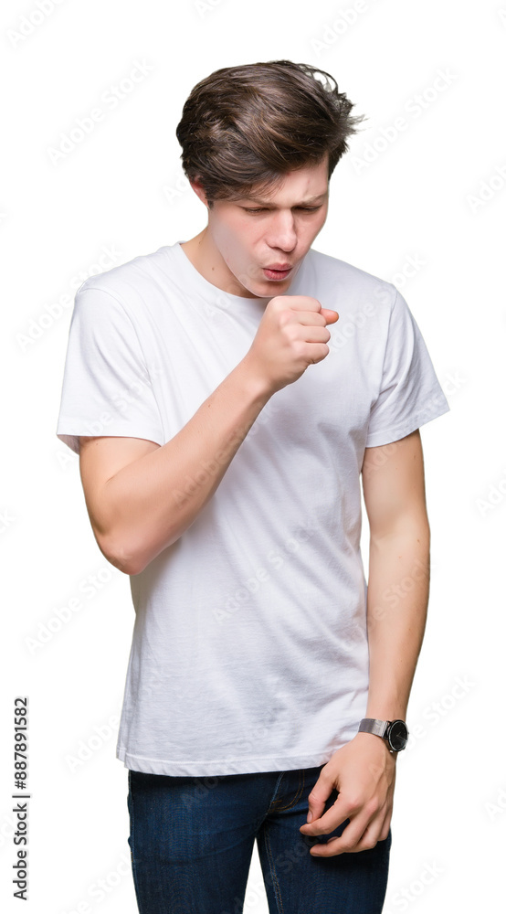 Young handsome man wearing casual white t-shirt over isolated background feeling unwell and coughing as symptom for cold or bronchitis. Healthcare concept. Young handsome man wearing casual white t-shirt over isolated background feeling unwell and coughing as symptom for cold or bronchitis. Healthcare concept.