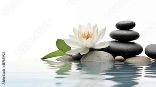 Tranquil spa stones complement lotus blooms white background.