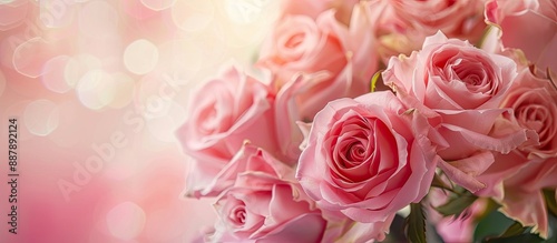 Close up photo of a stunning bouquet of pink roses in full bloom perfect for Valentine s or Mother s Day embodying the essence of love with copy space image