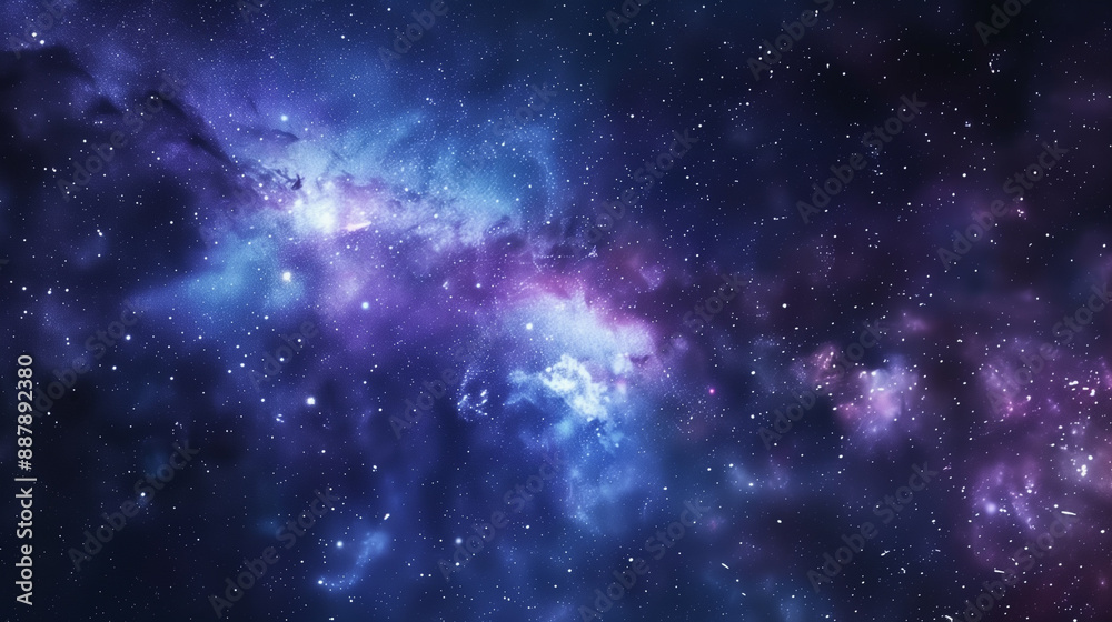 Fototapeta premium Cosmic background with a starry night sky, nebulae, and galaxies, featuring deep blues and purples with twinkling stars