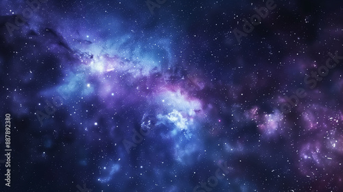 Cosmic background with a starry night sky, nebulae, and galaxies, featuring deep blues and purples with twinkling stars
