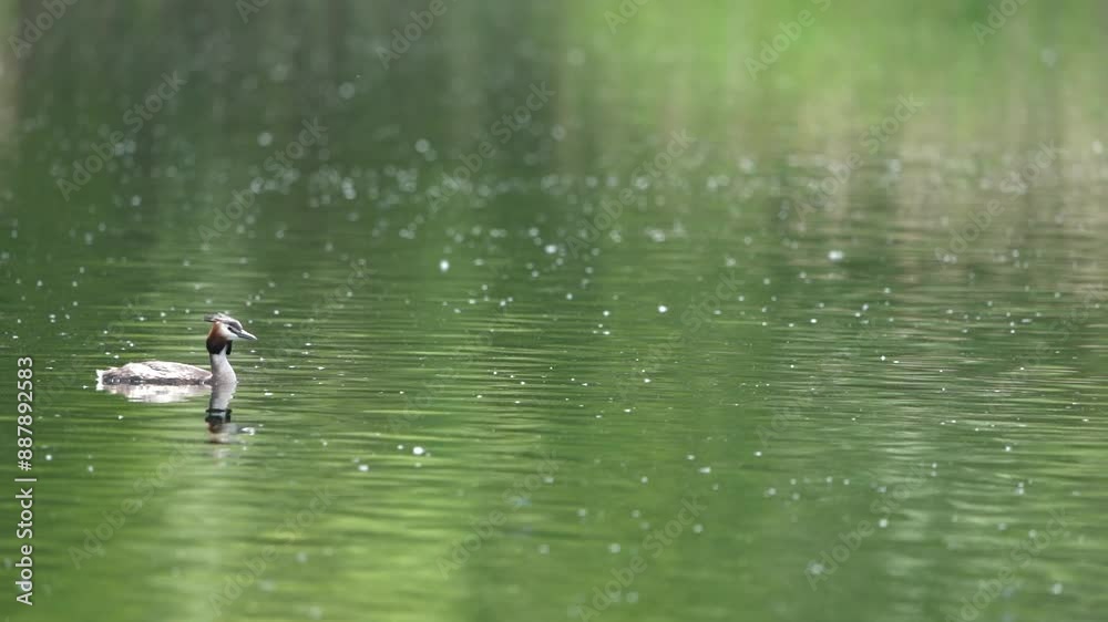 closeup still of a great crested grebe bird on an idyllic green lake with bokeh lights, sunny nature scene in summertime closeup still of a great crested grebe bird on an idyllic green lake with bokeh lights, sunny nature scene in summertime