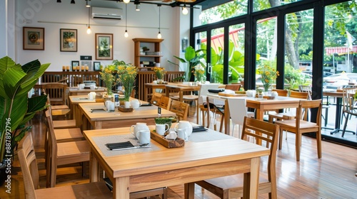 A warm setting with tables and chairs in a som tum restaurant, featuring grilled chicken and the art of grilling photo