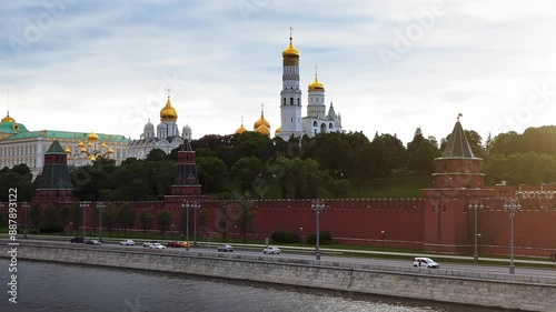 Moscow Kremlin, Russian Federation. Ivan the Great Bell-Tower. Dormition Cathedral. Moscow River. Taynitskaya Tower. Blagoveschenskaya (Annunciation) Tower. Second Nameless Tower.