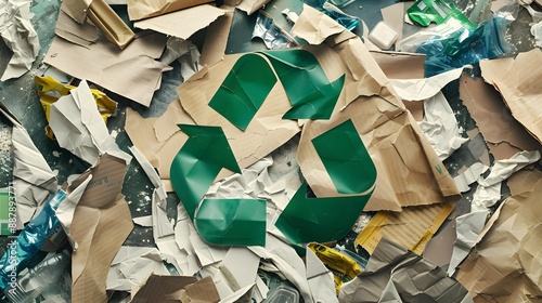 Recycling symbol with three green arrows in a triangular loop, prominently displayed over a mixed assortment of discarded paper and plastic waste, highlighting the importance of recycling