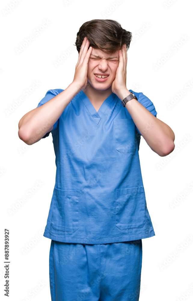 Young doctor wearing medical uniform over isolated background suffering from headache desperate and stressed because pain and migraine. Hands on head. Young doctor wearing medical uniform over isolated background suffering from headache desperate and stressed because pain and migraine. Hands on head.