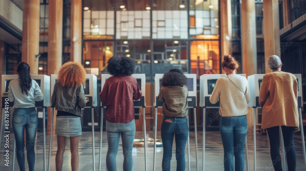 Obraz premium A diverse group of voters using voting machines in a modern polling station, emphasizes inclusivity and democratic participation