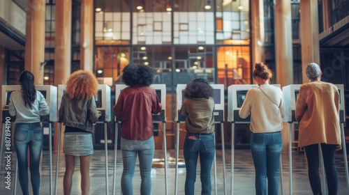 A diverse group of voters using voting machines in a modern polling station, emphasizes inclusivity and democratic participation