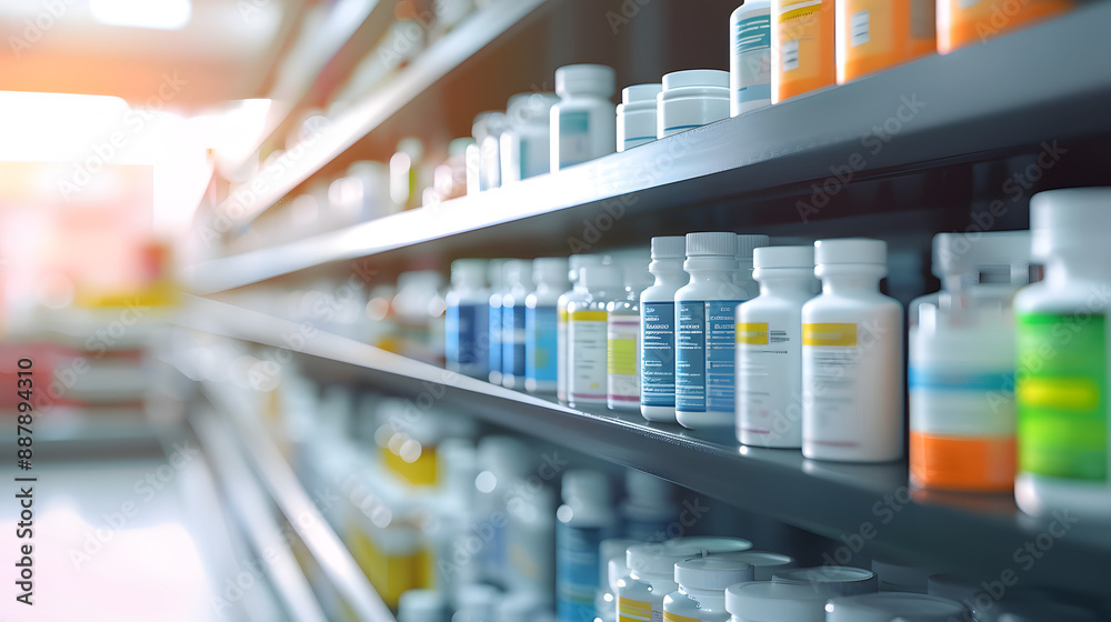 A drug store with medicine bottles lined up beautifully on the shelves. on a blurred background Concept of selling medicines, medical supplies, dietary supplements, medical equipment Close-up photo A drug store with medicine bottles lined up beautifully on the shelves. on a blurred background Concept of selling medicines, medical supplies, dietary supplements, medical equipment Close-up photo