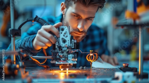 Man Operating 3D Printer in Workshop