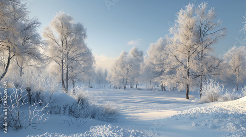 Snow-covered landscape, Cold weather, Frosty trees and ground, Clear blue sky © Svetlanamax