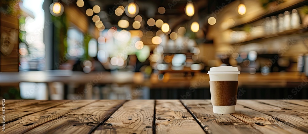 A brown wooden table with a blurry coffee shop background is ideal for product displays or photo editing with copy space image A brown wooden table with a blurry coffee shop background is ideal for product displays or photo editing with copy space image
