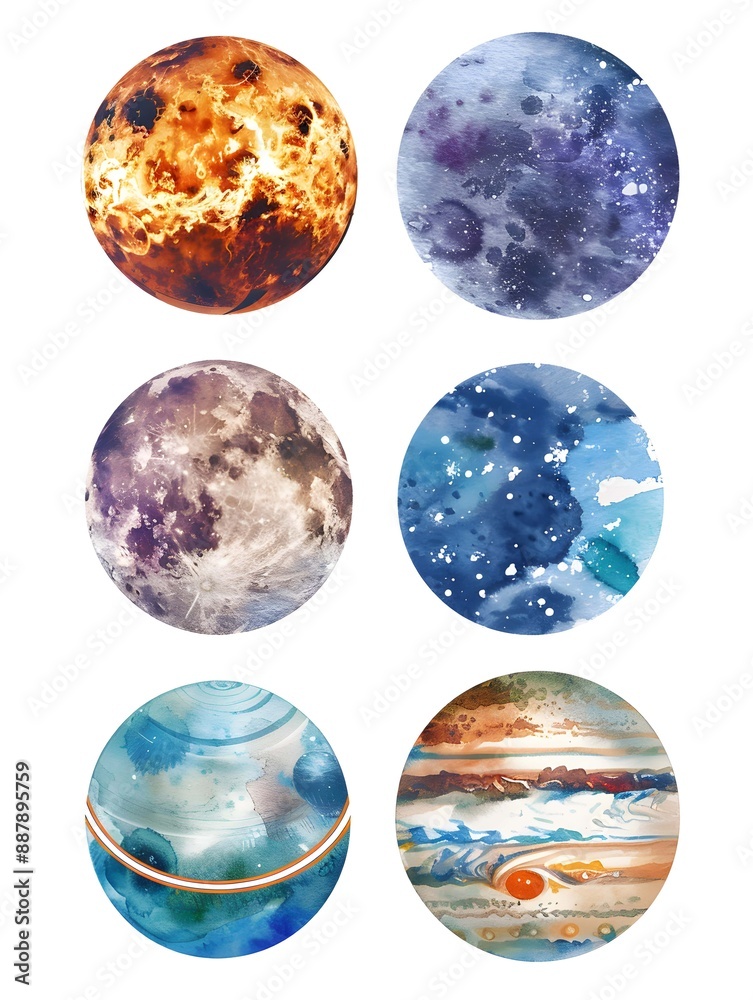 Planets of the Solar System watercolour poster set. Watercolor planet Sun, Moon and Mercury, Venus and Earth, Mars and Jupiter, Saturn, Uranus and Neptune. universe space. Galaxy art Planets of the Solar System watercolour poster set. Watercolor planet Sun, Moon and Mercury, Venus and Earth, Mars and Jupiter, Saturn, Uranus and Neptune. universe space. Galaxy art