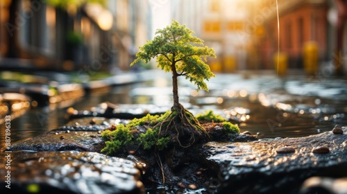 Fototapeta Naklejka Na Ścianę i Meble -  Small tree growing in urban environment