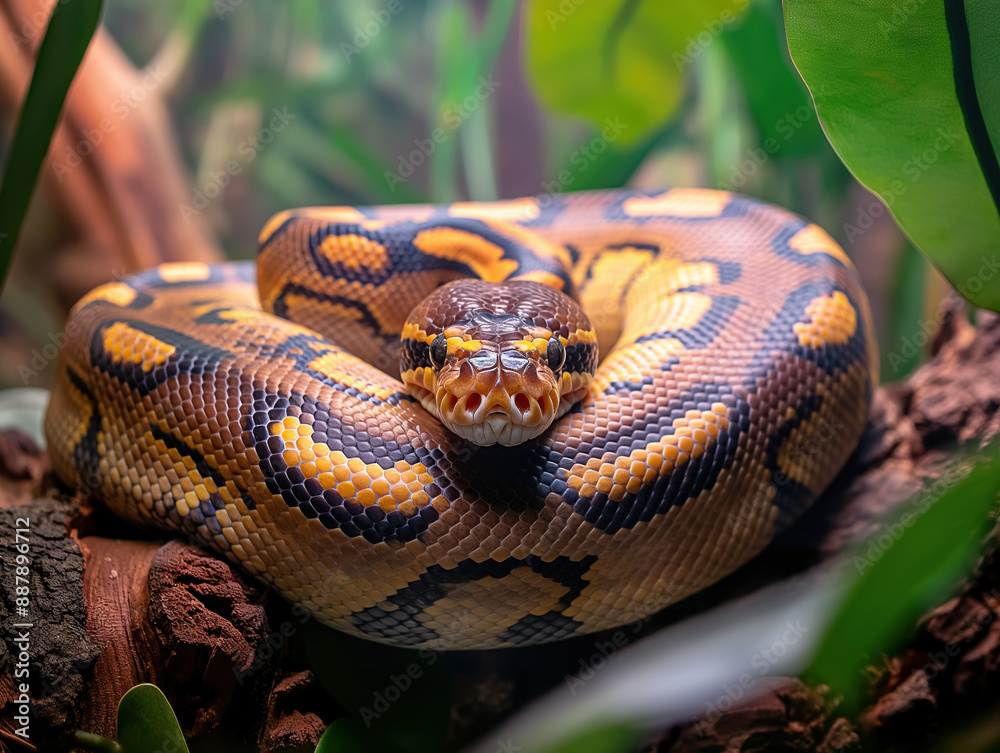 Obraz premium Striking Vibrant Ball Python Coiled on Jungle Log Displaying Beautiful Yellow and Black Scales in Lush Green Habitat