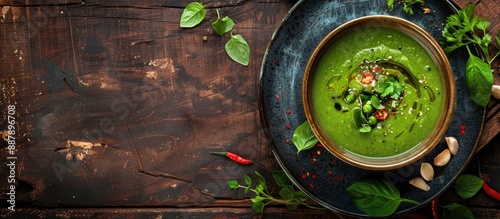 Lunch with pea soup served against a rustic backdrop with plenty of copy space image available
