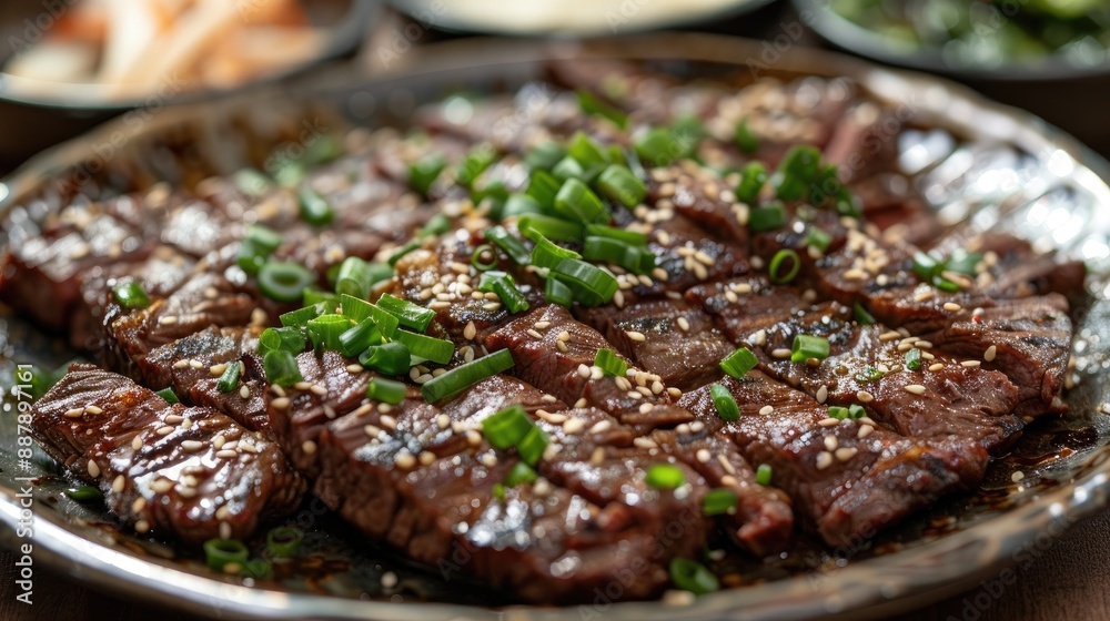 Korean Style BBQ Beef in Seoul Restaurant with Green Onions Korean Style BBQ Beef in Seoul Restaurant with Green Onions