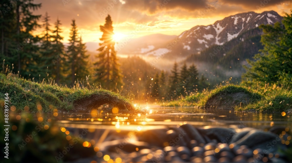 Fototapeta premium Sunset over a mountainous landscape with a stream