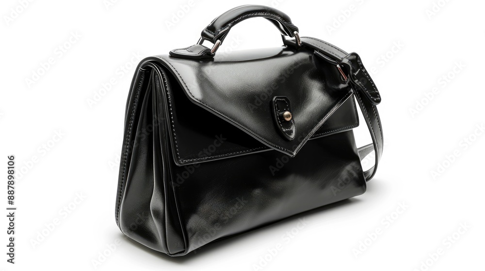 Naklejka premium Elegant black leather handbag for women on white background