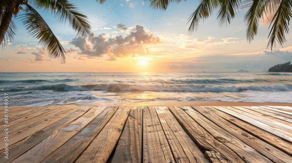 Relaxation at Tropical Beach. Wooden Table with Sunset Beach View, Palm Trees, and Waves Relaxation at Tropical Beach. Wooden Table with Sunset Beach View, Palm Trees, and Waves