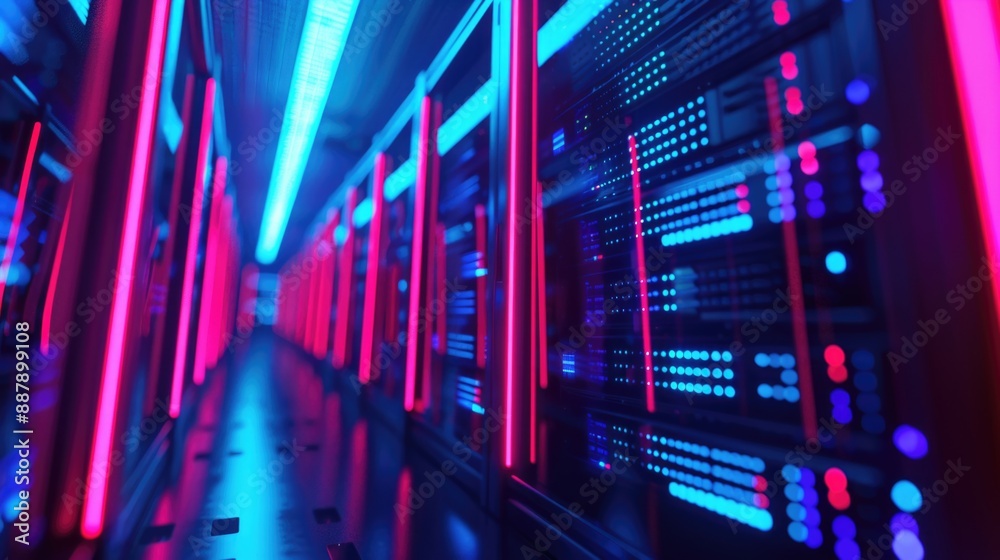 Data center with a row of computer servers and blue light neon. Data center with a row of computer servers and blue light neon.
