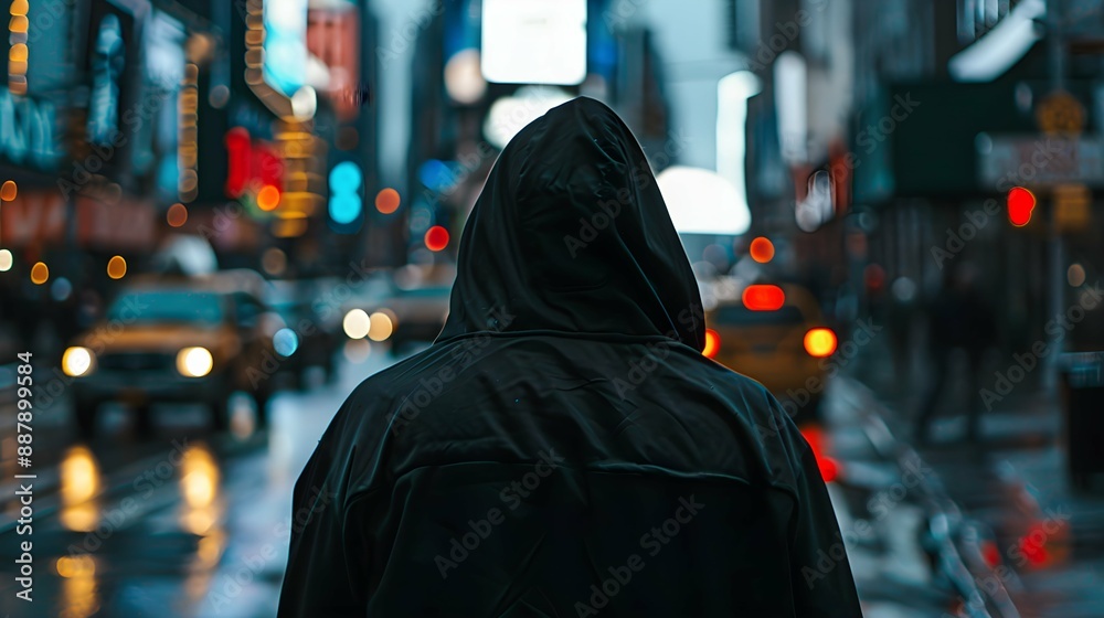 photo and focus of the back of a man wearing a black hoodie in the city photo and focus of the back of a man wearing a black hoodie in the city