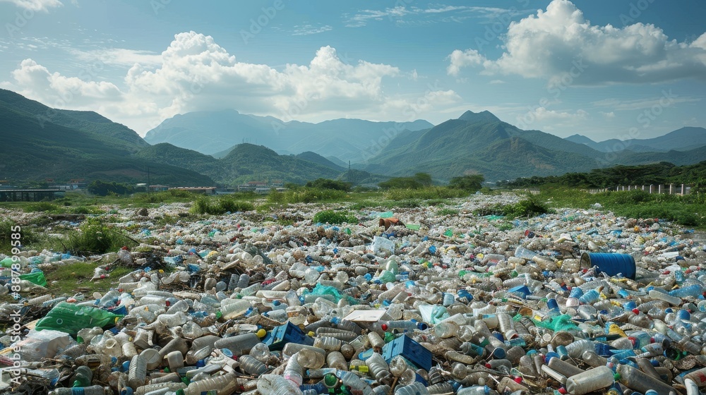 Environmental Crisis: Landfill Overflowing with Plastic Waste against Majestic Mountain Background