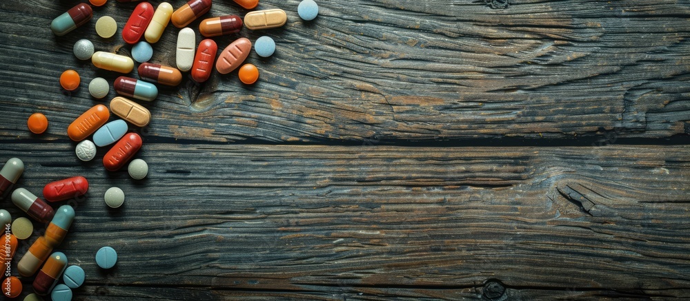 Close up view of medication with a wooden table background and ample copy space image available Close up view of medication with a wooden table background and ample copy space image available