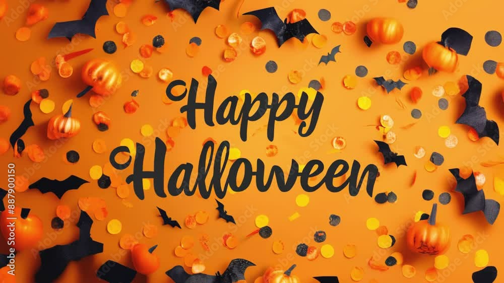 holidays, decoration and party concept - happy Halloween festive paper black garland or banner with bats and spiders, black word Happy Halloween on orange confetti background