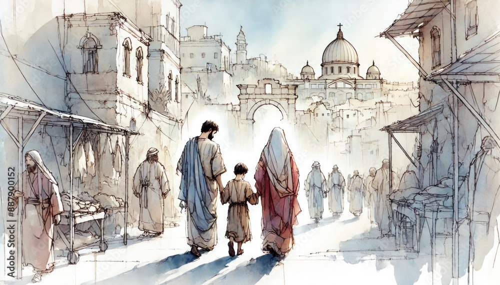 Naklejka premium When Jesus was twelve, Joseph and Mary took him to Jerusalem to celebrate the Passover, Luke 2:40-52. Digital painting.
