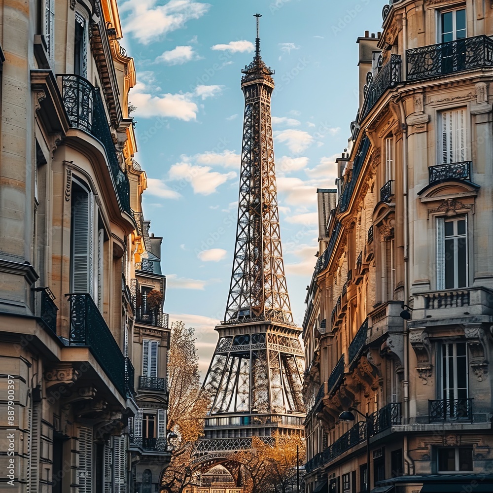 Eiffel tower, close up view from Rue del Universit, surrounded by traditional French buildings, in the city of Paris, France. Eiffel tower, close up view from Rue del Universit, surrounded by traditional French buildings, in the city of Paris, France.