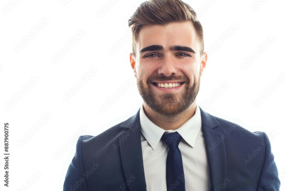 Portrait of handsome caucasian man in formal suit looking at camera smiling with toothy smile isolated in white background. Confident businessman ceo boss freelancer manager Portrait of handsome caucasian man in formal suit looking at camera smiling with toothy smile isolated in white background. Confident businessman ceo boss freelancer manager