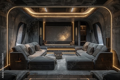 A trendy home theater setup with 3D home decor elements, including comfortable seating, a large screen, and ambient lighting. The room is designed for an immersive viewing experience, with modern