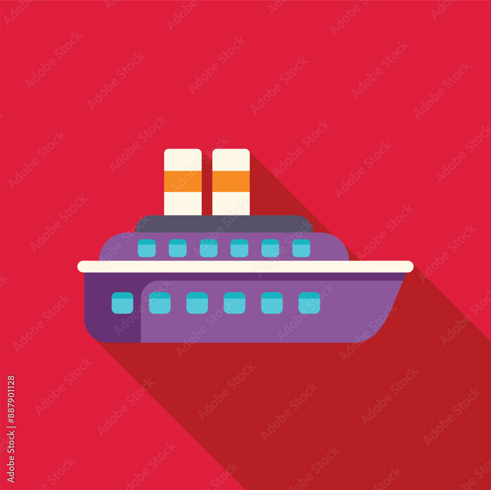 Purple and white cruise ship sailing across a large body of water