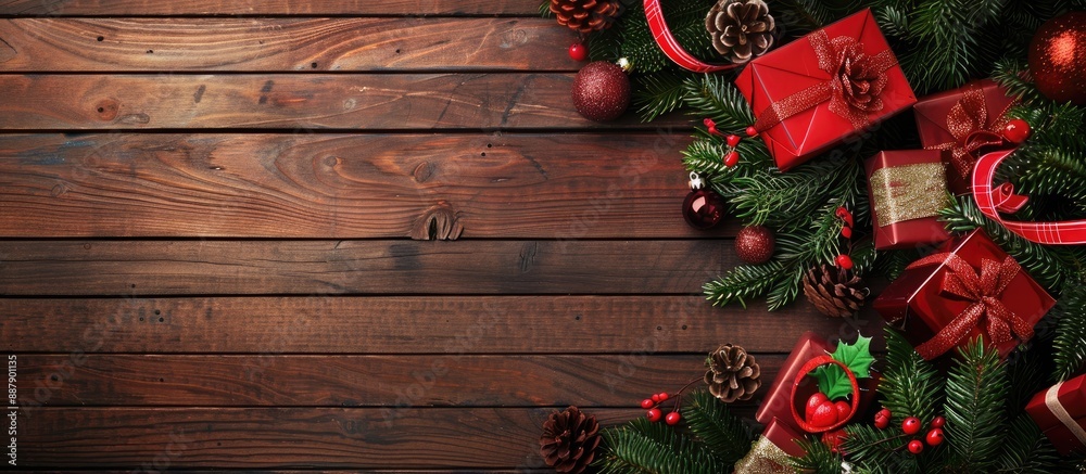 Top view of Christmas gift boxes and a fir tree on a wooden background providing copy space in the image Top view of Christmas gift boxes and a fir tree on a wooden background providing copy space in the image