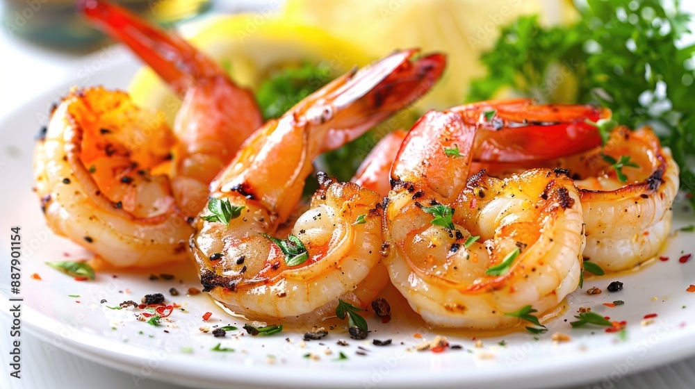 Grilled shrimps served on a white plate Grilled shrimps served on a white plate