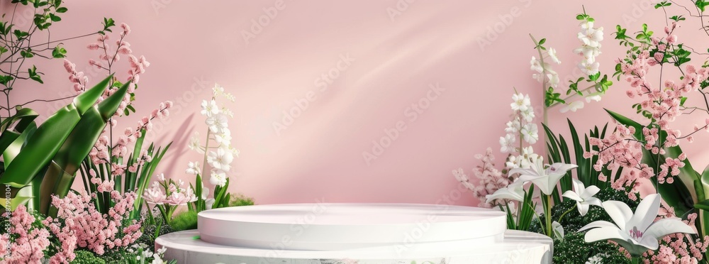 Podium with spring flowers and plants background for product presentation. Podium with spring flowers and plants background for product presentation.
