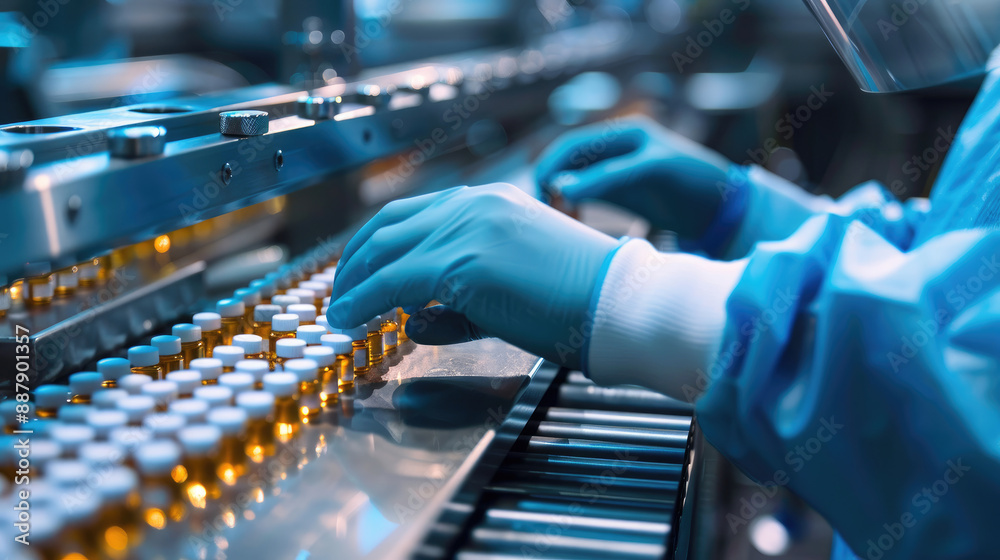 Pharmaceutical Production. Scientist Checking Vials on Conveyor Belt Pharmaceutical Production. Scientist Checking Vials on Conveyor Belt