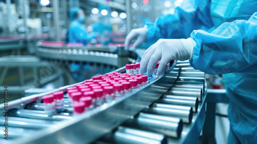 Wallpaper Mural Pharmaceutical Production. Scientist Checking Vials on Conveyor Belt Torontodigital.ca