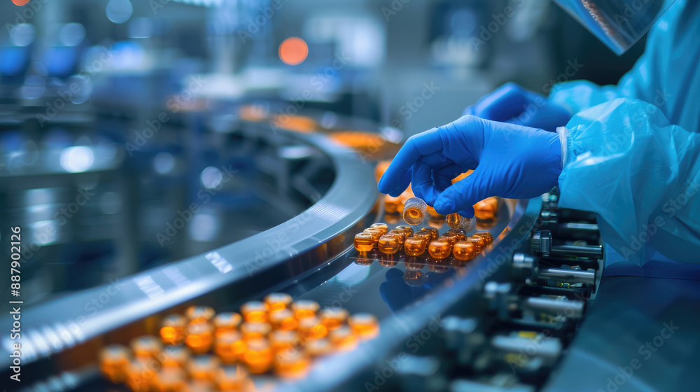 Pharmaceutical Production. Scientist Checking Vials on Conveyor Belt Pharmaceutical Production. Scientist Checking Vials on Conveyor Belt