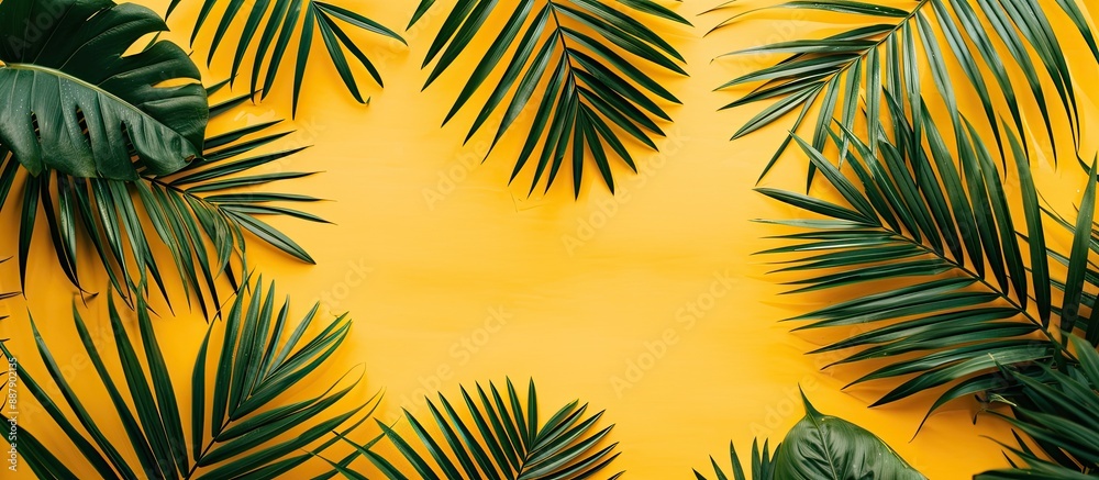 A vibrant flat lay scene featuring lush tropical palm leaves on a sunny yellow backdrop ideal for adding your text or design to the copy space image