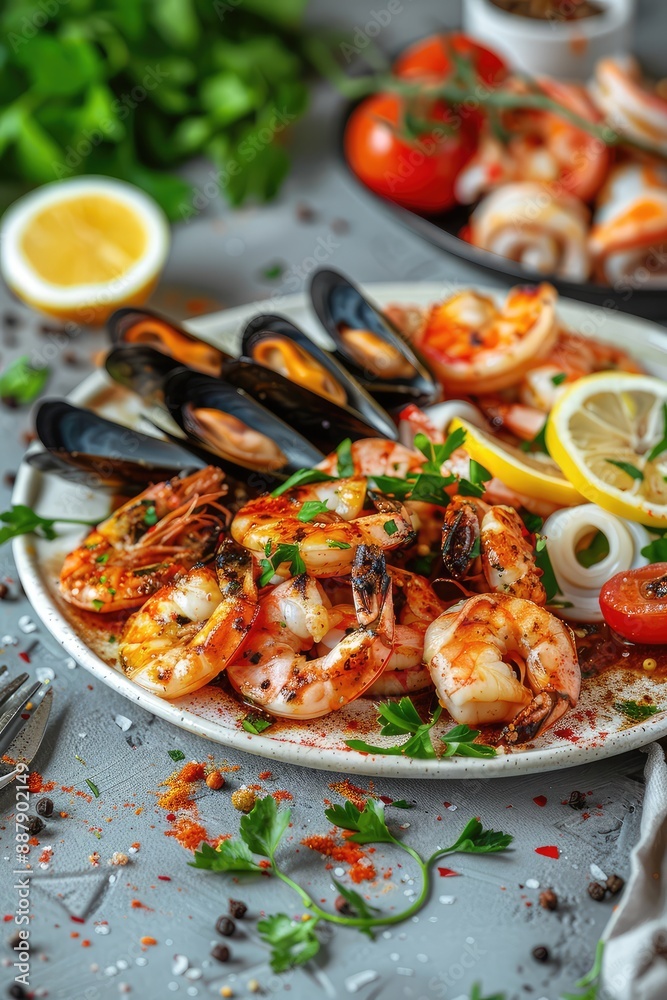 plate with shrimp, mussels and squid. Selective focus.