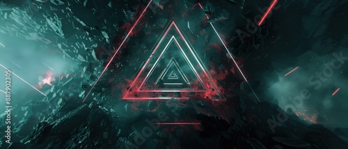 A triangulated image of a dark, rocky landscape with red and green elements