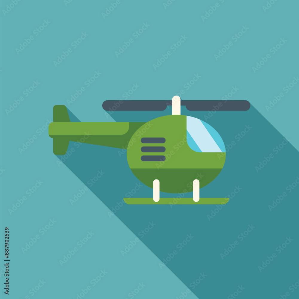 Fototapeta premium Green helicopter flying with long shadow over turquoise background