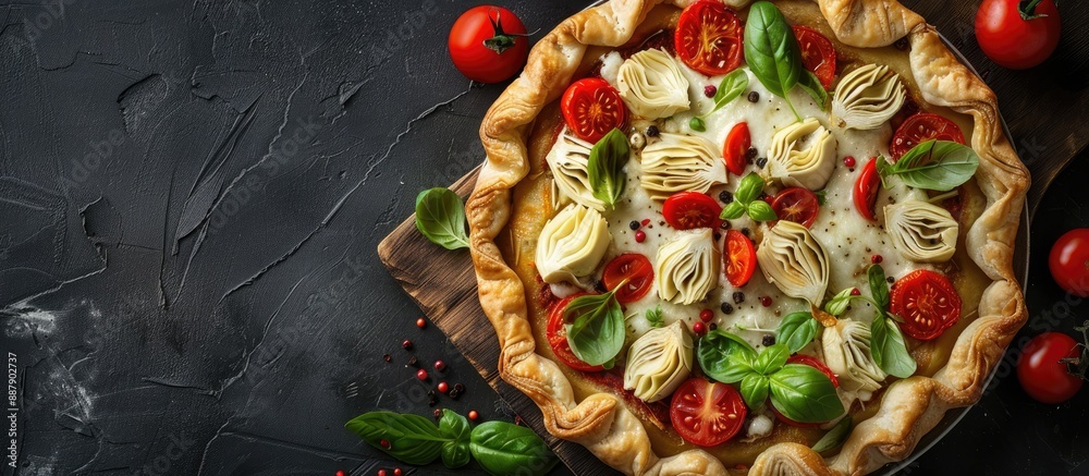 Naklejka premium Top view of a freshly baked puff pastry tart pizza featuring artichoke mozzarella tomatoes and cheese slices on a wooden board against a dark background creating a visually appealing copy space image