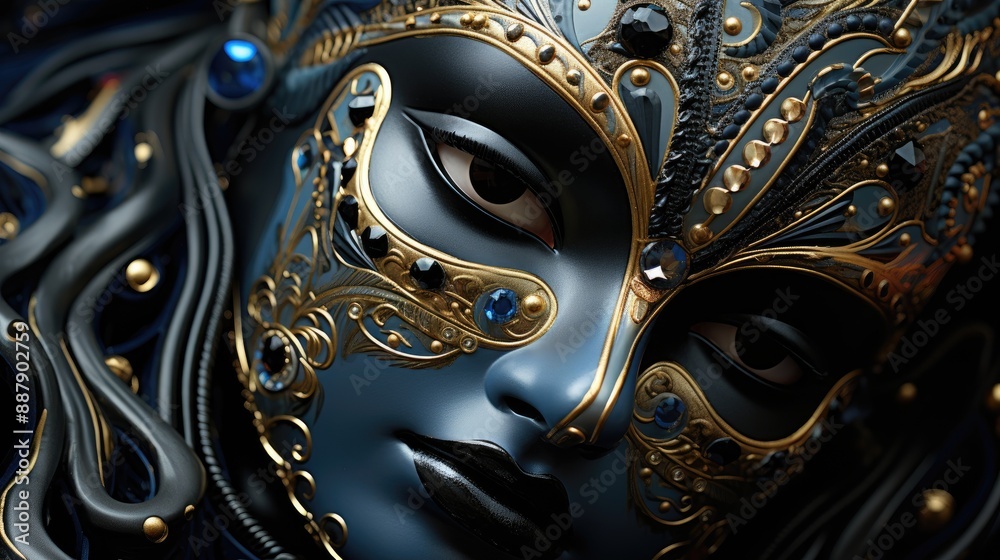 Fototapeta premium Mysterious Persona: Close-Up of Eye in an Ornate Black Masquerade Mask 