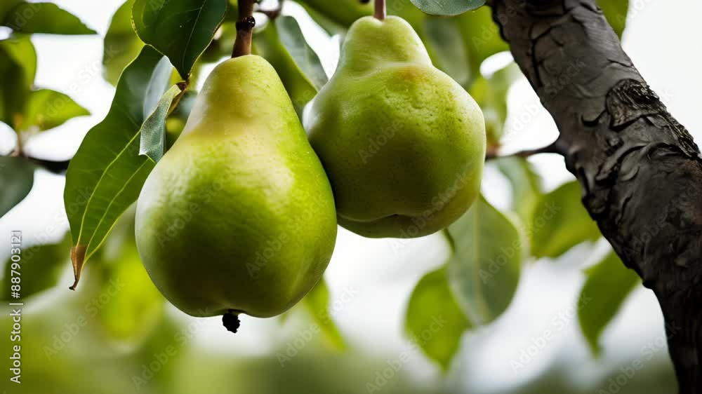 Fresh ripe pears hanging from a tree ready for harvest Fresh ripe pears hanging from a tree ready for harvest