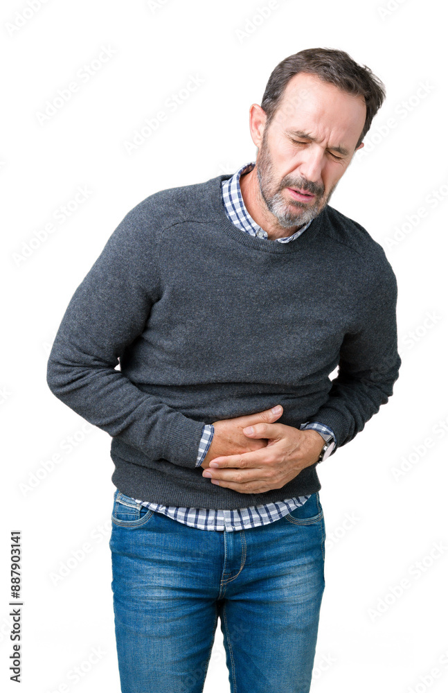 Handsome middle age senior man wearing a sweater over isolated background with hand on stomach because nausea, painful disease feeling unwell. Ache concept. Handsome middle age senior man wearing a sweater over isolated background with hand on stomach because nausea, painful disease feeling unwell. Ache concept.