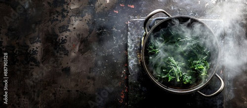 Image of Japanese cuisine featuring Dashi Kombu in a cooking pot with copy space image photo